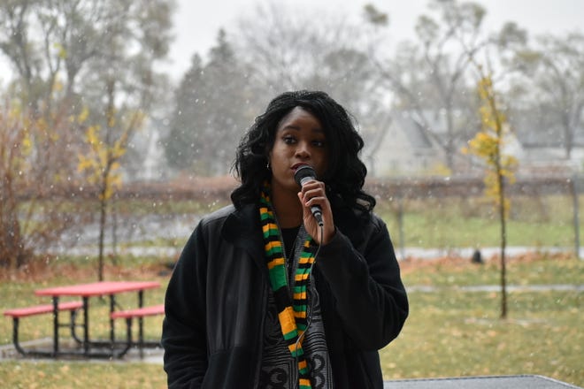 Alexandria Hughes, a leader with Accountability for Dearborn, spoke to a crowd of about 30 people at a rally Saturday.