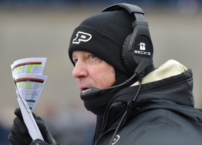 Nov 12, 2022; Champaign, Illinois, USA;  Purdue Boilermakers head coach Jeff Brohm during the first half against the Illinois Fighting Illini  at Memorial Stadium.