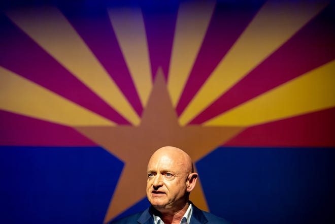 Sen. Mark Kelly, D-Ariz., speaks during an Election Day rally at the Rialto Theatre in Tucson on November 8, 2022.