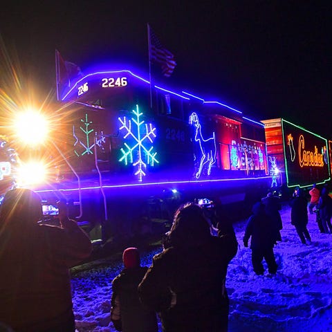 The train rolls into Kimball, Minn., for the Canad