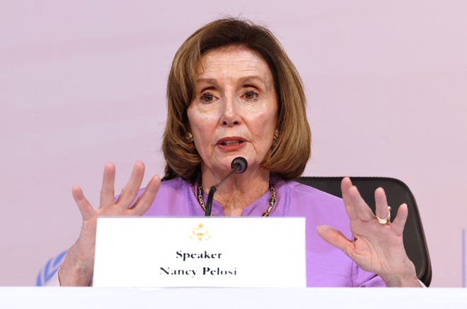 House Speaker Nancy Pelosi speaks during a press conference at the COP27 convention complex in Egypt's Red Sea resort city of Sharm el-Sheikh on Nov. 11, 2022.
