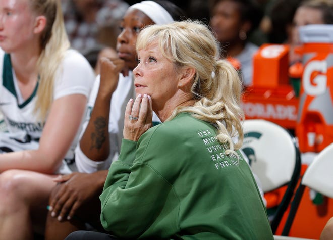 Michigan State coach Suzy Merchant watches against Western Michigan, Sunday, Nov. 13, 2022, in East Lansing, Mich.