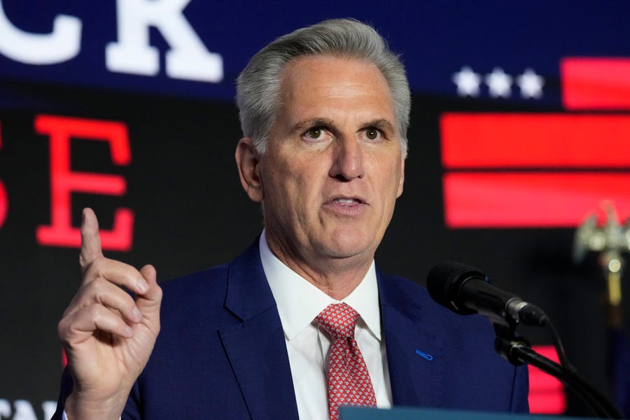 House Minority Leader Kevin McCarthy of Calif., speaks at an election event, Nov. 9, 2022, in Washington. The results of the midterm election are raising questions about the future of American support for Ukraine. McCarthy warned last month that his party wouldn't support writing a "blank check" for Ukraine if it captured the House majority.