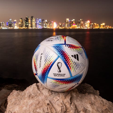 An official FIFA World Cup Qatar 2022 ball sits on