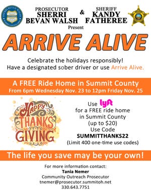 The Summit County Prosecutor’s Office and Summit County Sheriff’s Office are offering free rides to people drinking alcohol to get home safely during the Thanksgiving holiday.