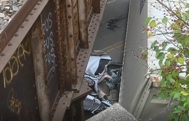 A semi hauling a portable storage unit hit the underpass, causing the storage unit to fall off the trailer and hit a Ford Fusion, according to the Fairfield Police Department.