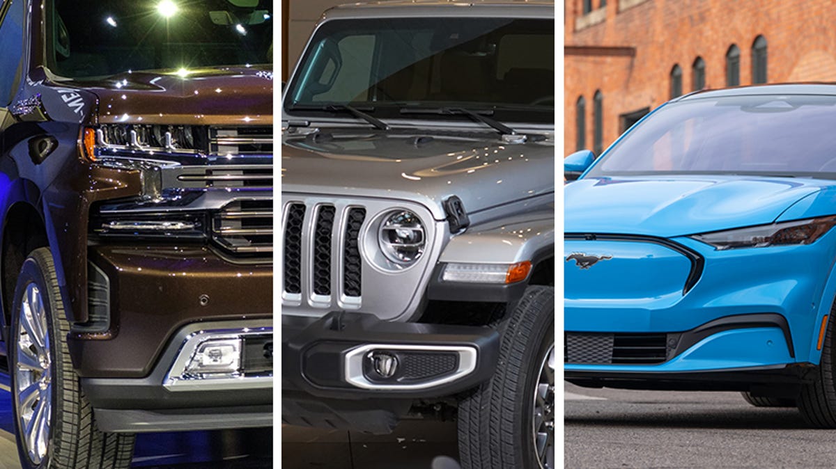 From left: 2019 Chevrolet Silverado 1500 High Country, 2020 Jeep Gladiator and 2021 Mustang Mach-E