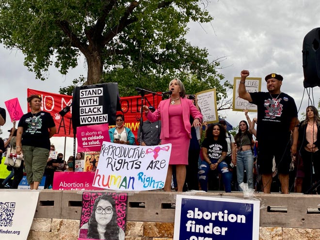 N.M. Gov. Michelle Lujan Grisham speaks before a rally of hundreds supporting abortion rights following the U.S. Supreme Court’s decision to upend federal protections for abortion rights on Friday, June 24, 2022.