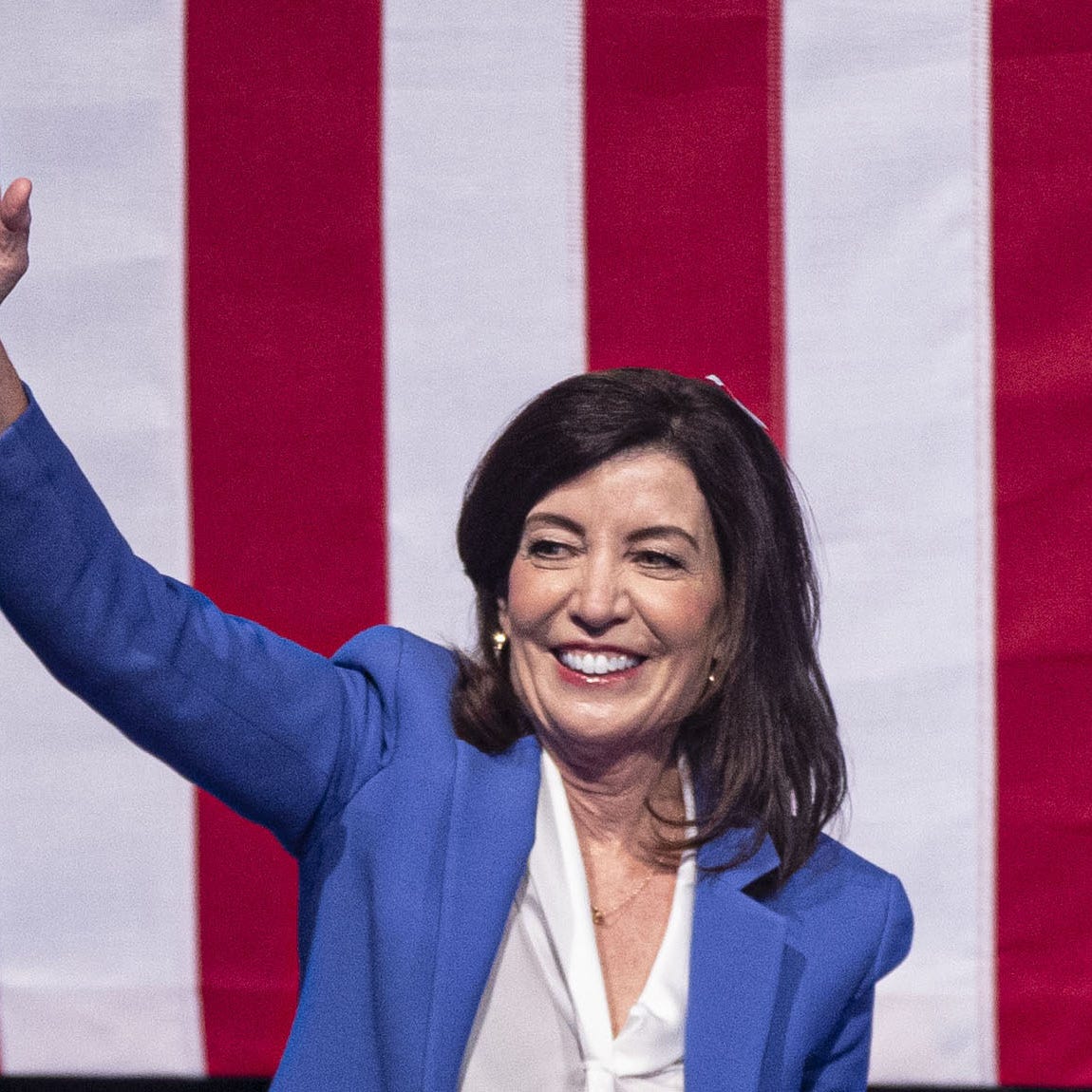 New York State Kathy Hochul waves to supporters after being elected Governor for a full four year term Nov. 8, 2022. Hochul and supporters were gathering at Capitale in Lower Manhattan.
