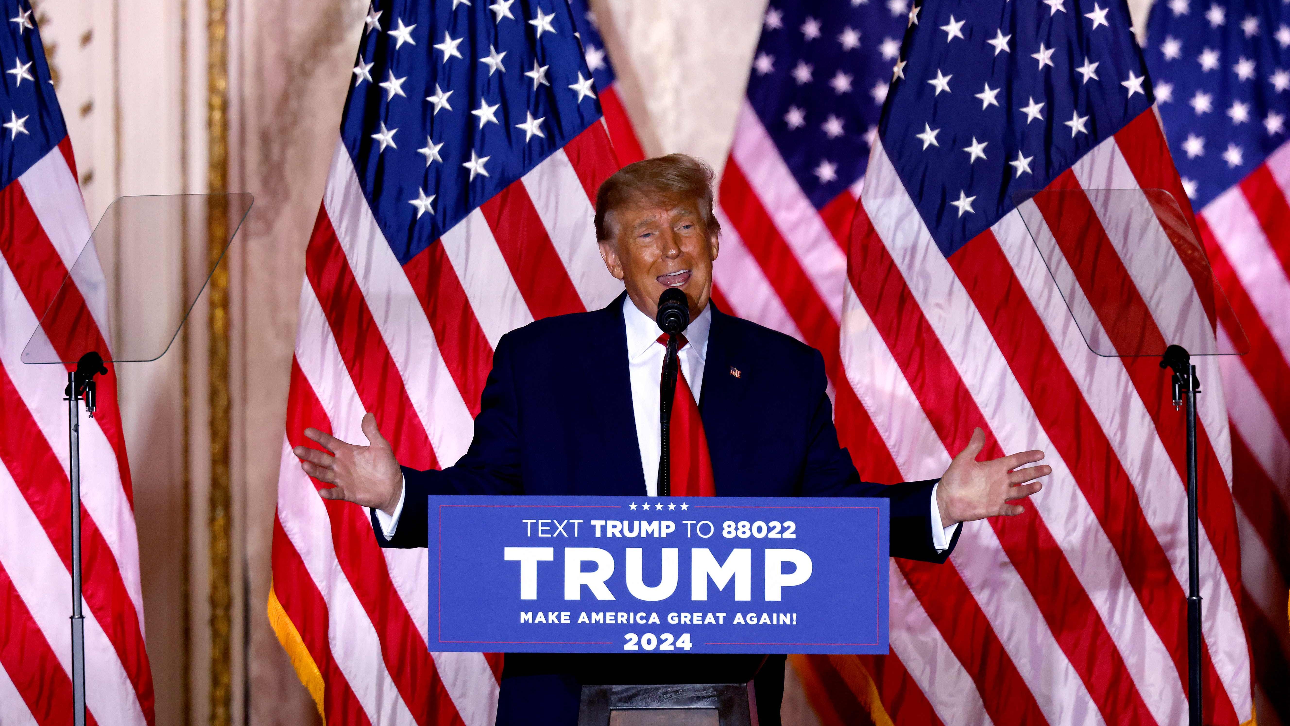 Former president Donald Trump speaking at the Mar-a-Lago Club in Palm Beach, Florida, on Nov. 15, announcing a third White House run.