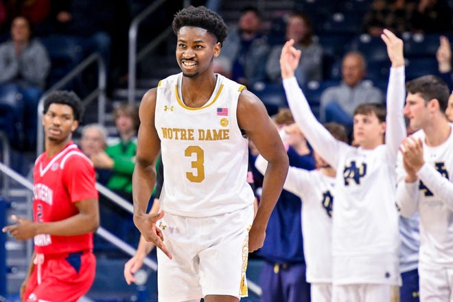 Nov 16, 2022; South Bend, Indiana, USA; Notre Dame Fighting Irish guard Trey Wertz (3) reacts after a three point basket in the second half against the Southern Indiana Screaming Eagles at the Purcell Pavilion. 