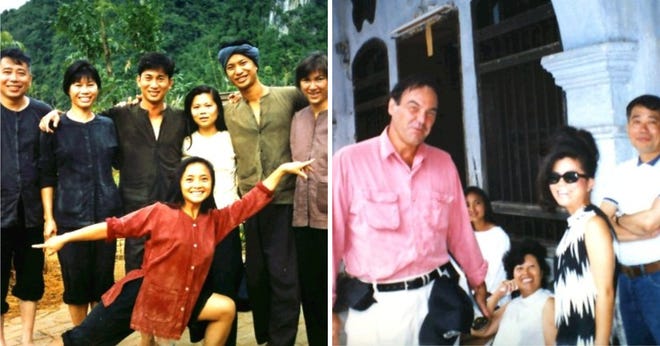 enkele leden van "Hemel en aarde" uitgevoerd op de set in Thailand, links.  Rechts poseren regisseur Oliver Stone, auteur Le Ly Hayslip en Thuan Le Elston in de herfst van 1992.