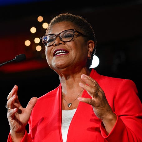 Rep. Karen Bass is pictured speaking during an election night party with the Los Angeles County Democratic Party at the Hollywood Palladium in Los Angeles,