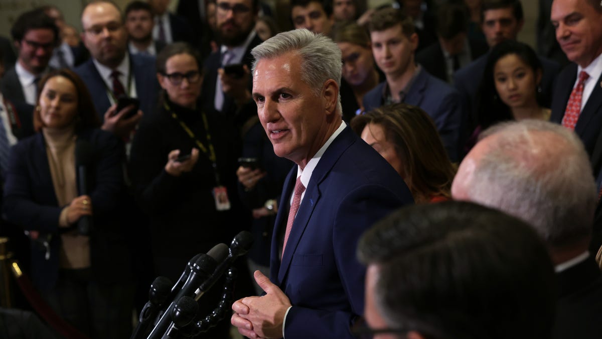 House Minority Leader Rep. Kevin McCarthy (R-CA) (C) speaks to members of the press after the House Republican Conference voted for him to be its nominee for Speaker of the House in the U.S. Capitol Visitors Center on November 15, 2022 in Washington, DC.
