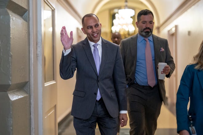 House Democratic Caucus Chairman Hakeem Jeffries, D-N.Y., arrives to meet with his fellow Democrats at the U.S. Capitol on Thursday. House Speaker Nancy Pelosi announced she would step down from House Democratic leadership.