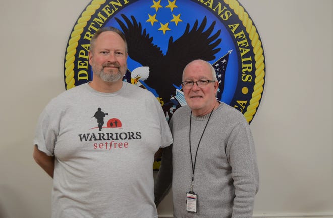 James Oonk, at left, a 53-year-old Marine veteran from Holland, has been at the Battle Creek VA facility since August and is an example of the people who benefit from the Remember-A-Vet campaign. He is joined by Todd Greenman, chief of community and volunteer services at the Battle Creek Veterans Affairs Medical Center.