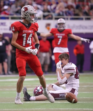 Harlan defenseman Cade Sears reacts after calling up a pass intended for Mount Vernon wide receiver Brady Erickson during the Iowa Class 3A State Football Championship game on Friday, November 18, 2022 at the UNI Dome in Cedar Falls.