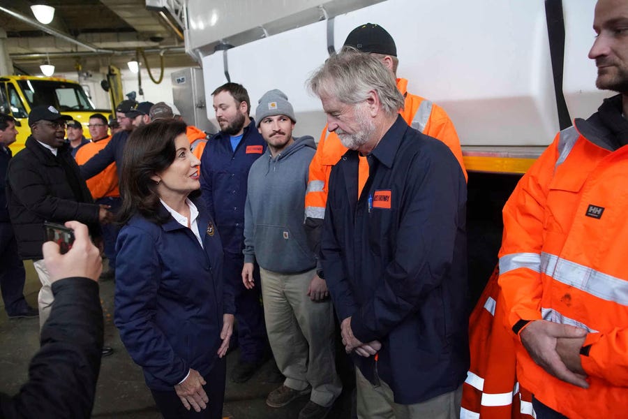 Gov. Kathy Hochul thanks New York State Thruway workers at the Thruway's Walden Garage in Cheektowaga, New York, on Thursday, Nov. 17, 2022 following a press briefing pertaining to the impending snowstorm that is expected to dump several feet of snow on Western New York.