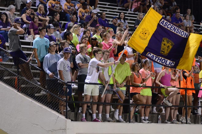 An Ascension Catholic flag waves during a home game at Floyd Boutte Memorial Stadium in Donaldsonville.