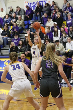 Clyde's Katie Shiets shoots a 3-pointer.