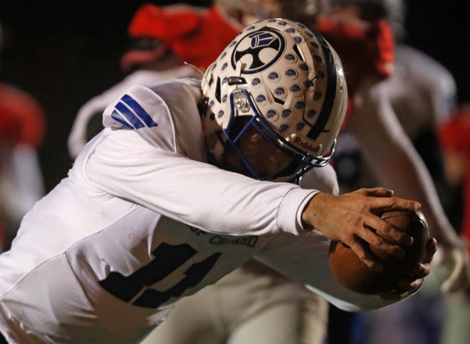 Bishop Chatard Trojans Drew Vanvleet (11) dives into the end zone during the IHSAA semi-state football game against the West Lafayette Red Devils on Friday, November 18, 2022 at Gordan Straley Field in West Lafayette, Indiana.  Bishop Chatard leads 14-3.