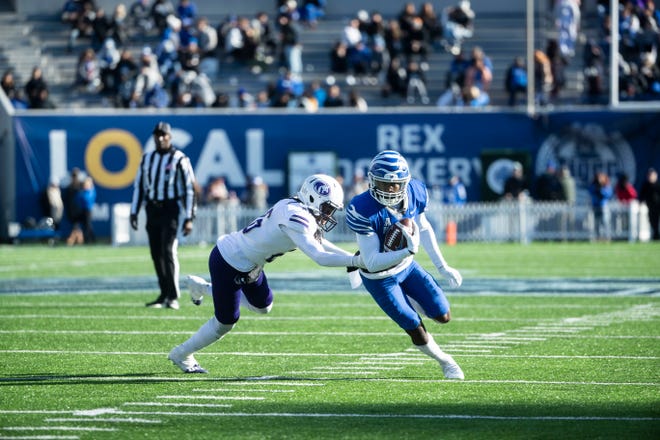 Memphis Tigers Eddie Lewis (18) makes a play against North Alabama at Simmons Bank Liberty Stadium on Nov. 19, 2022 in Memphis.