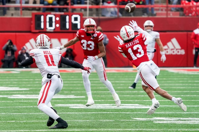 Nebraska defensive back Malcolm Hartzog intercepts a pass from Wisconsin quarterback Graham Mertz intended for wide receiver Skyler Bell during the second quarter on Saturday. Eight plays later, the Cornhuskers scored the first touchdown of the game.