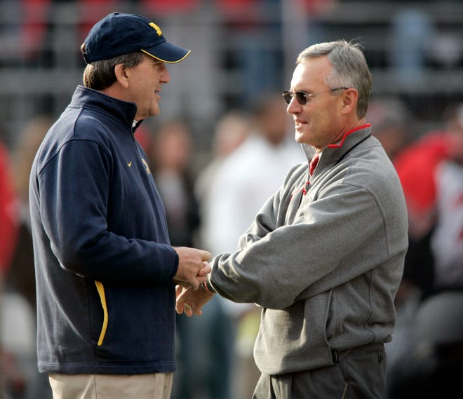 Ohio State's head coach Jim Tressel and Michigan head coach Lloyd Carr were all smiles before their game at Ohio Stadium.  (Dispatch photo by Chris Russell)