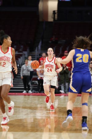 Ohio State guard Taylor Mikesell (24) scored 13 points in a 99-43 win against McNeese State on Nov. 20, 2022.