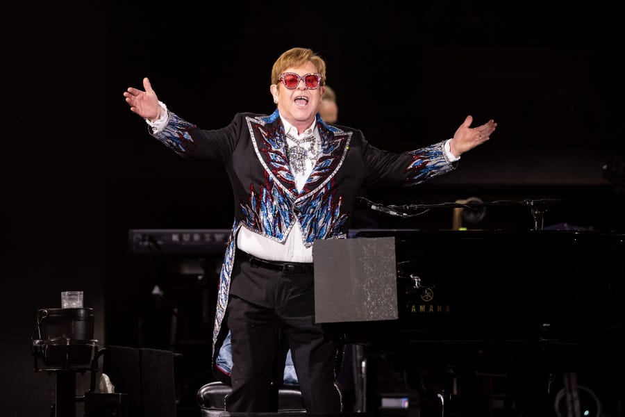 Elton John performs onstage during the Farewell Yellow Brick Road tour at Dodger Stadium on November 17.