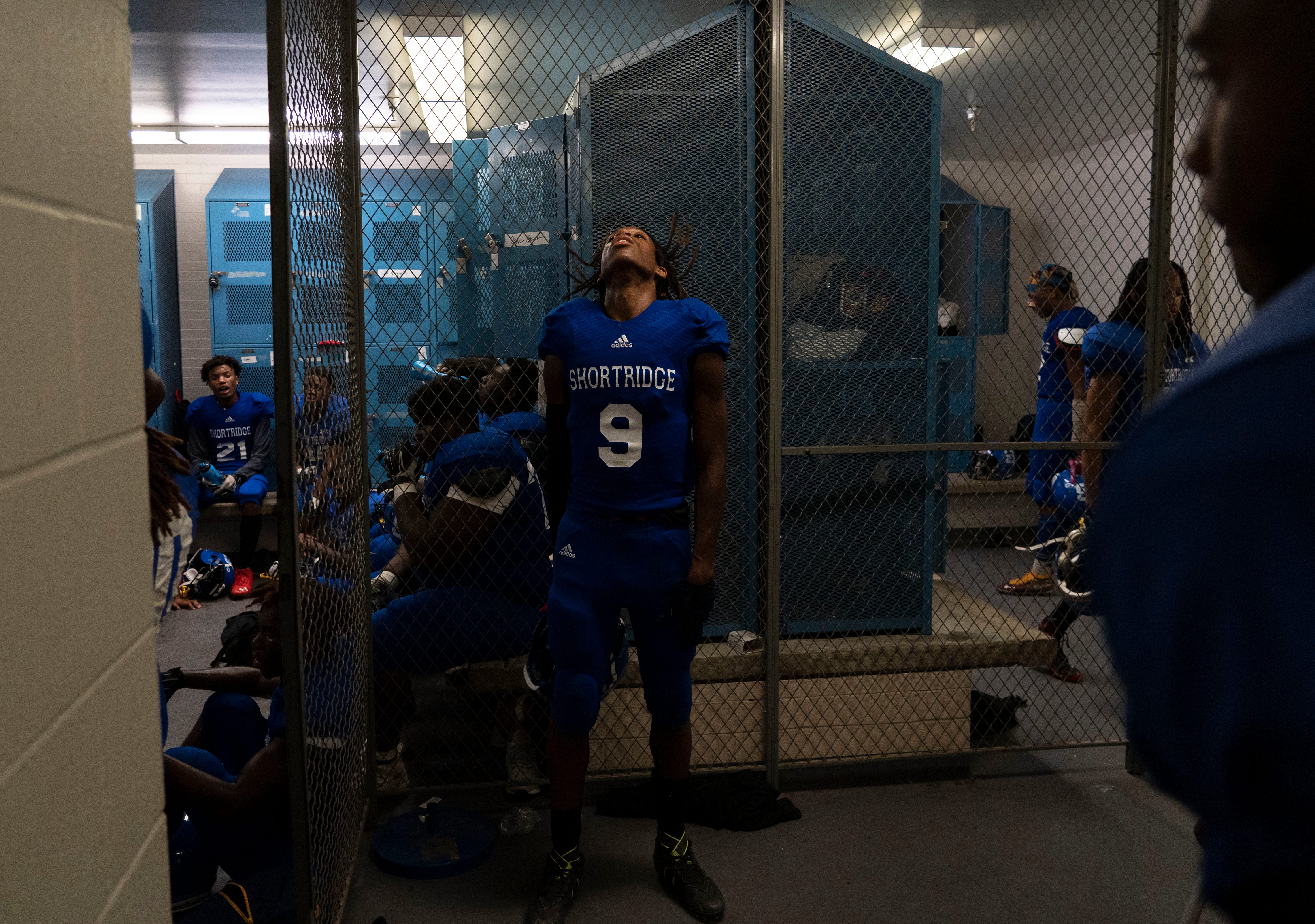 Malachi Flournoy (9), prepares to take the field again during halftime Friday, Aug. 26, 2022, at Shortridge High School in Indianapolis. Shortridge shutout Indianapolis Washington 26-0.
