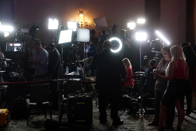 Televison media from all over the world set up to do their live shots at the Republican watch party in Scottsdale, Ariz., Tuesday, Nov. 8, 2022. (AP Photo/Ross D. Franklin)