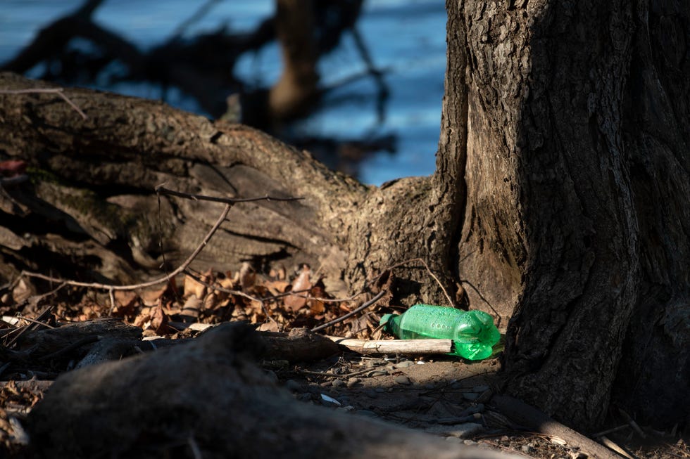 A plastic bottle on the ground at Burlington Island, as seen on Monday, Nov. 21, 2022. Local not-for-profit Spearhead Project Earth committed to cleaning single use plastics from the 300-acre island located in the Delaware River between Pennsylvania and New Jersey.