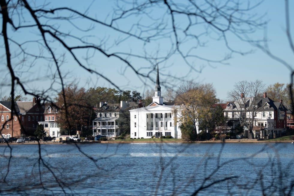 Buildings in Bristol are seen on the shore from Burlington Island on Monday, Nov. 21, 2022. Local not-for-profit Spearhead Project Earth committed to cleaning single use plastics from the 300-acre island located in the Delaware River between Pennsylvania and New Jersey.
