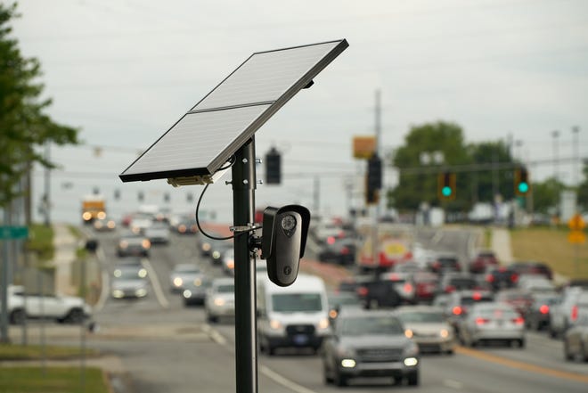 A Flock license plate reader camera is mounted to a pole. Flock will begin installing similar cameras throughout Salina after a request from the Salina Police Department was approved by the city commission.