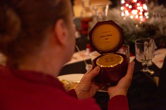 Janice Haley receives the Gerald Deabel Volunteer of the Year Award, which comes with a prize of $20,000, during the Salvation Army Red Kettle Dinner on Thursday, Nov. 17, 2022, at the Hotel Encanto.