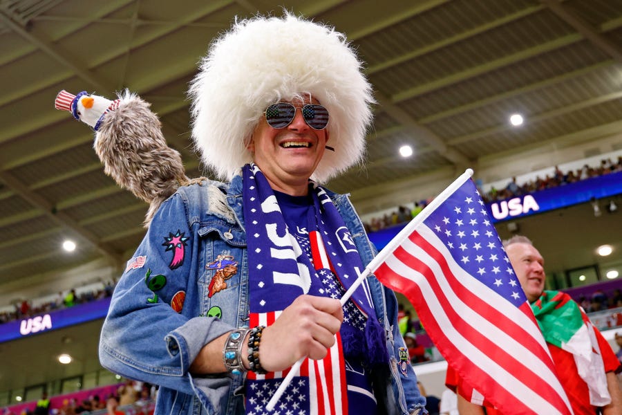 A Team USA fan before a group stage match during the 2022 FIFA World Cup between Wales and the United States of America at Ahmed Bin Ali Stadium on Nov. 21, 2022.