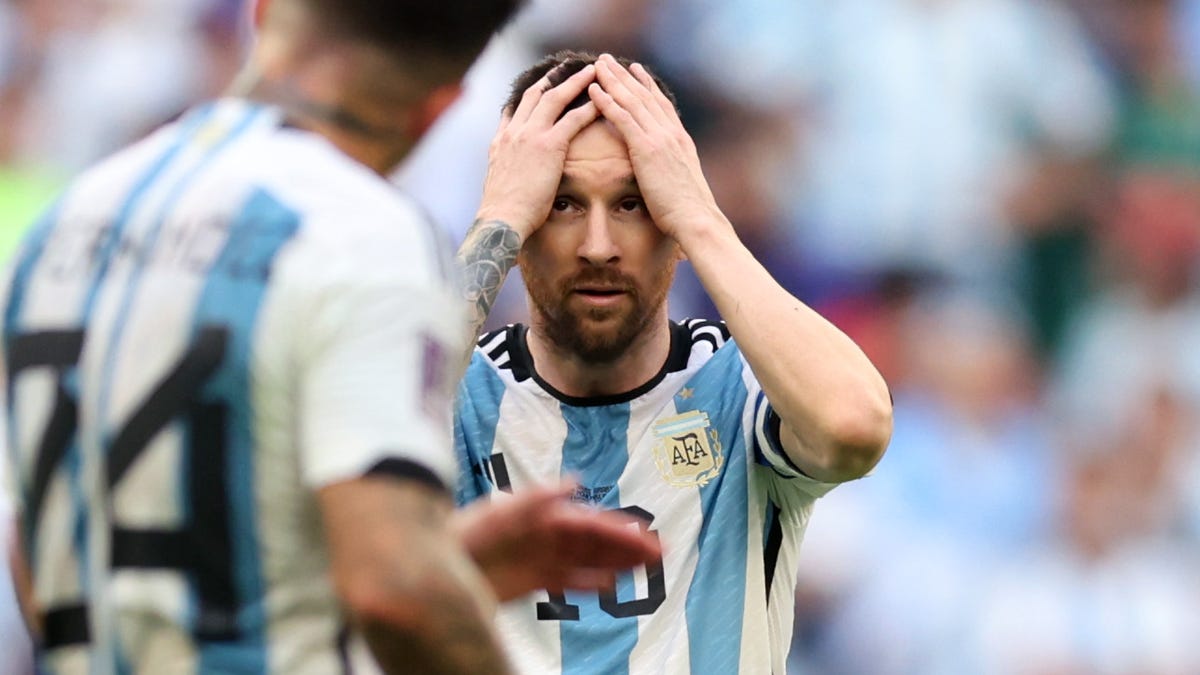 Lionel Messi reacts after missing a chance against Saudi Arabia.