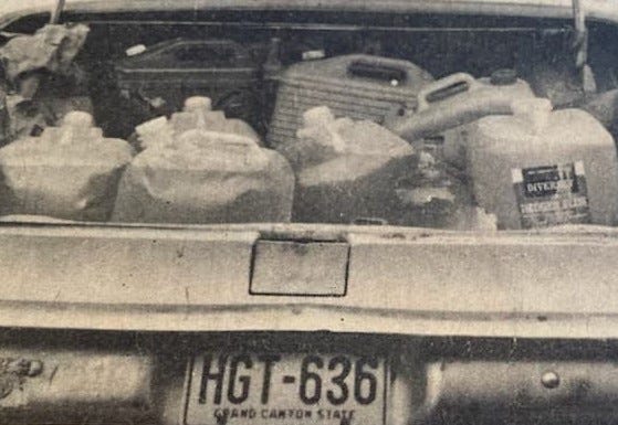Illegal moonshine seized from the boot of a Hampton County bootlegger's car in the 1960s.