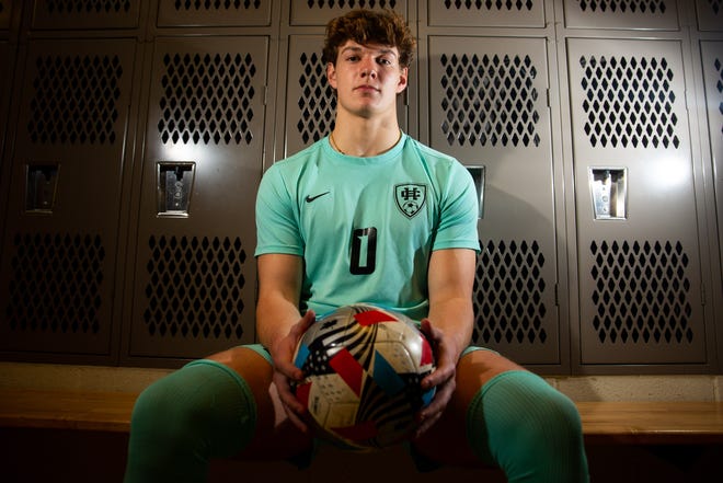 Holland Christian's Daniel Morgan poses for a portrait Monday, Nov. 21, 2022, at Holland Christian High School. Morgan has been named The Sentinel's Boy's Soccer Player of The Year. 