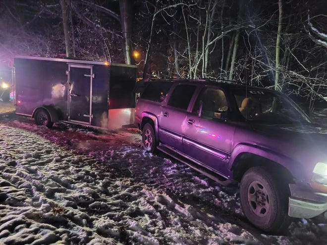 Police said they were trying to determine whether this Nighthawk single-axle trailer was stolen. The identification number on the trailer had been removed, according to the Clinton County Sheriff’s Office. The driver of the SUV, a 38-year-old Lansing man, was arrested after a police chase that began in Lansing and spanned three counties before it ended in Portland.