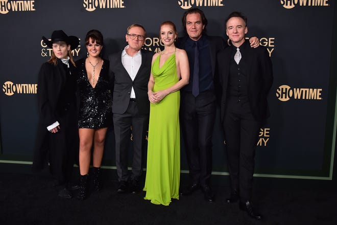 Kelly McCormack, from left, Vivie Myrick, Pat Healy, Jessica Chastain, Michael Shannon and David Wilson Barnes arrive at the Los Angeles premiere. "George and Tammy" November 21, 2022, at Goya Studios.