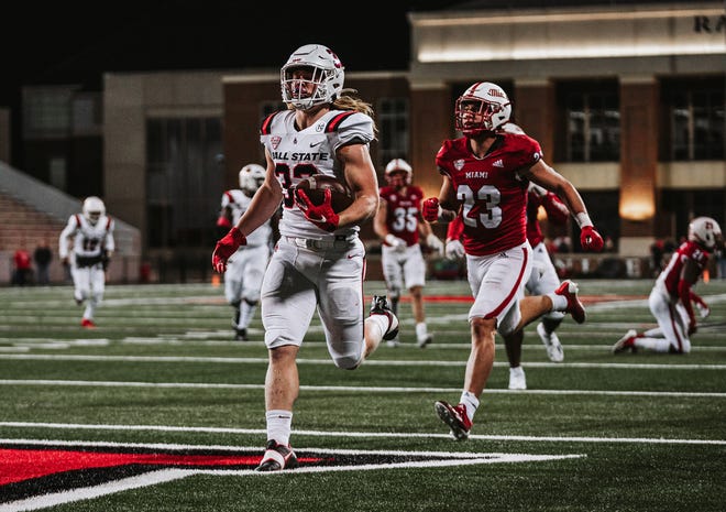 Ball State Football running back Carson Steele runs for a touchdown during the Mid-American Conference game in Miami on Tuesday, Nov. 22, 2022.