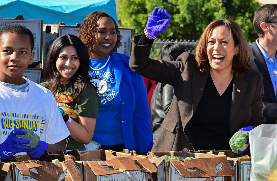 US Vice President Kamala Harris joined volunteers distributing food during Big Sunday's 11th Annual Thanksgiving Stuffing event at Baldwin Hills Elementary School in Los Angeles, California, on Wednesday.