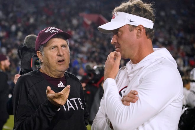 Ole Miss and coach Lane Kiffin, right, has the highest graduation success rate in the state, but Mike Leach's Bulldogs have the high success rate of graduation for Black players relative to white players.