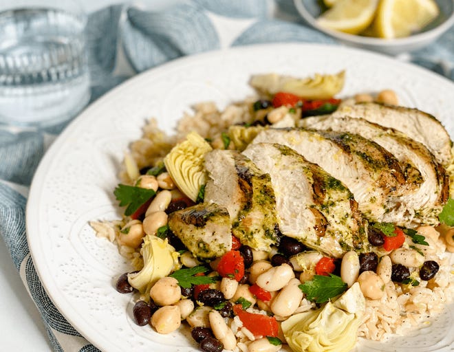 A grilled pesto chicken dish created by a Cancer Nutrition Consortium chef.
