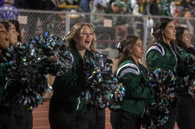 Manteca cheerleaders cheer on their team during the CIF Sac-Joaquin Section Division II football championship game against Granite Bay at Hughes Stadium in Sacramento on Saturday, Nov. 26, 2022. 