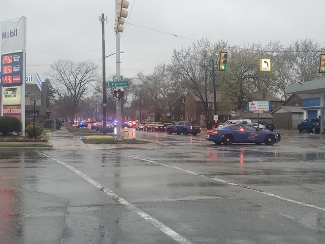 A Michigan State Police vehicle blocks off the area of a crash incident near the intersection of Wyoming and Tireman Avenues in Detroit Sunday afternoon.
