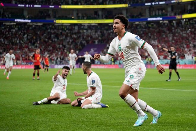Morocco's Zakaria Aboukhlal celebrates his side's second goal during the World Cup group F soccer match between Belgium and Morocco, at the Al Thumama Stadium in Doha, Qatar.