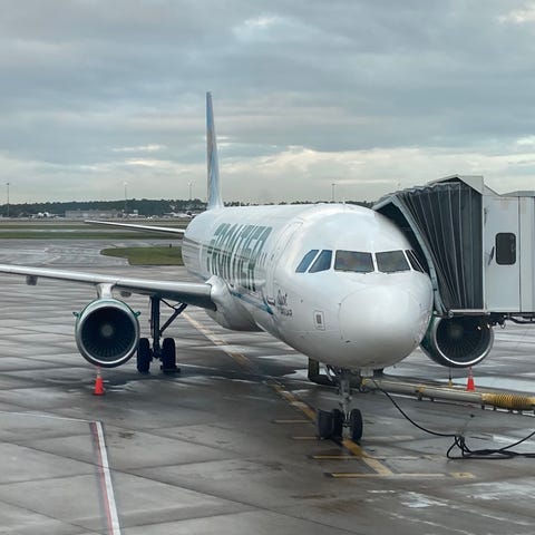 A Frontier Airlines plane is seen at Orlando Inter